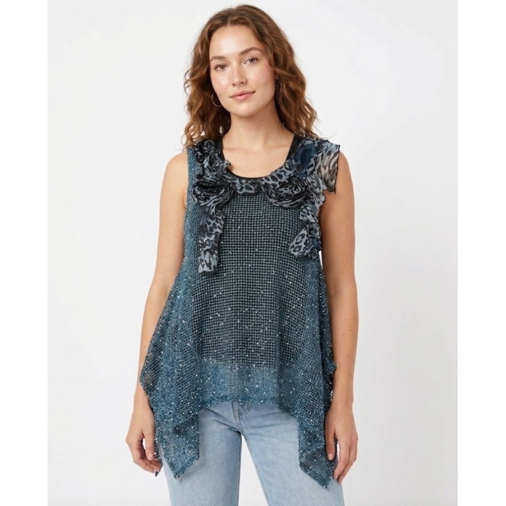 NWT Vintage Evelyn & Arthur Blue Crochet Ruffle Arty Wool Blend Tunic Large Boho
